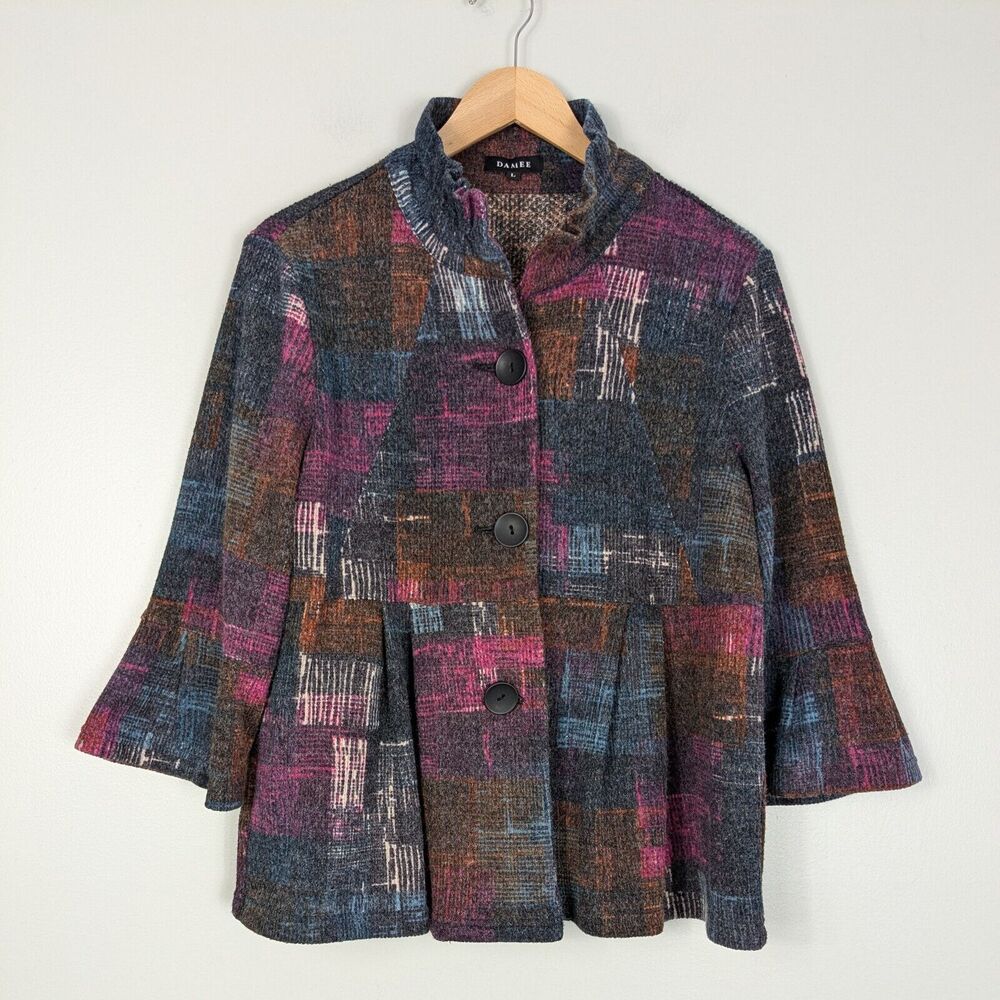 Damee Top Jacket L Pink Blue Artsy Colorful Lagenlook Woven Collar Maximalist